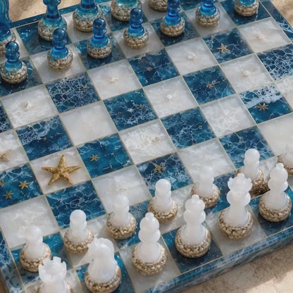 Luxury Blue Ocean Resin Chess Set Handmade Epoxy Wave Chess Board with Elegant Pieces Design