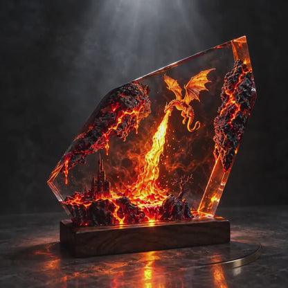 Fire Dragon Resin Lamp, Lava Castle LED Night Light, Handmade Epoxy Decor, Fantasy Desk Lamp