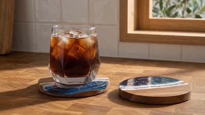 Handmade Wood Resin Tide Coasters, Ocean Wave Art Set, Coastal Table Decor, Beach Home Accent
