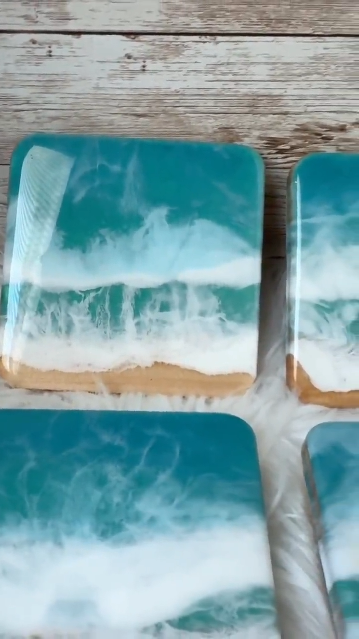 Ocean Resin Coasters, Handmade Coastal Wood Coasters, Blue Wave Decor, Rustic Beach Home Table Accessories