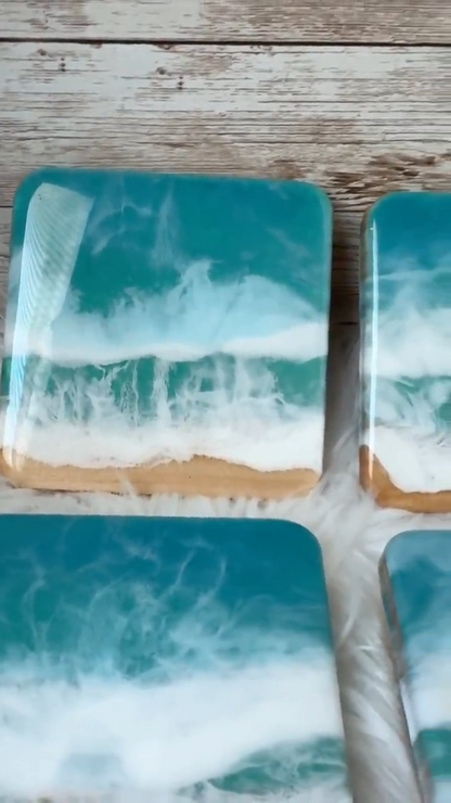 Ocean Resin Coasters, Handmade Coastal Wood Coasters, Blue Wave Decor, Rustic Beach Home Table Accessories