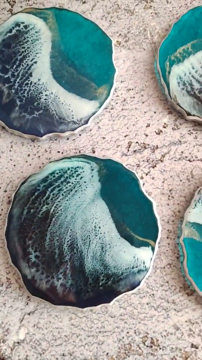 Ocean Resin Coasters, Handmade Coastal Drink Coasters, Beach House Decor, Blue Wave Table Accessories Set