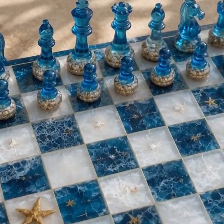 Luxury Koi Fish Resin Chess Set Handmade Epoxy Wood Chess Board Ocean Pond Design