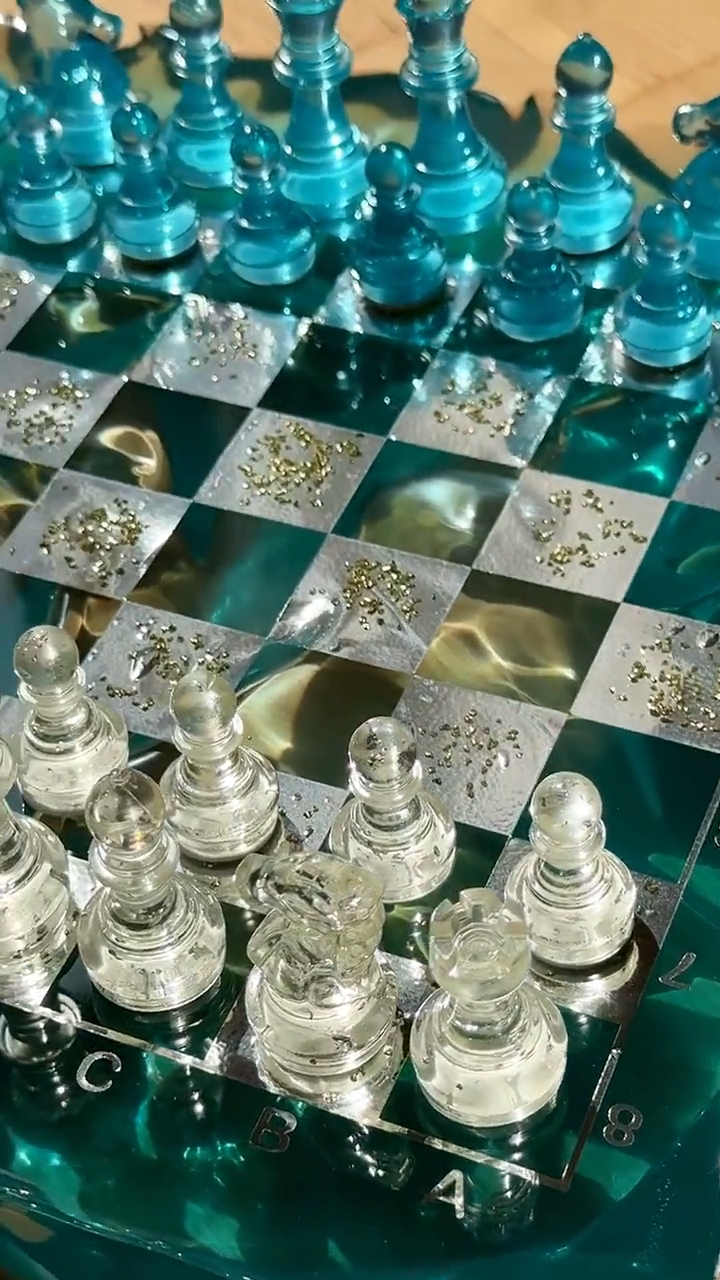 Handmade Blue Iceberg Resin Chess Set with Artistic Epoxy Board and Crystal Chess Pieces