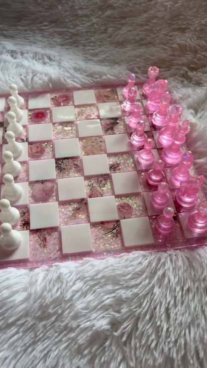 Handmade Pink Resin Chess Set with Elegant Epoxy Board and Artistic Crystal Chess Pieces