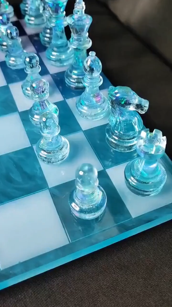 Luxury Blue Resin Chess Set with Handmade Epoxy Board and Elegant Gold Flake Chess Pieces