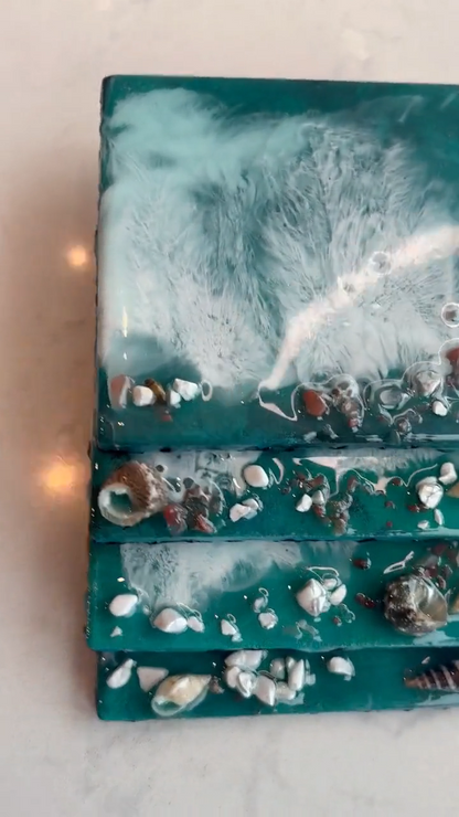 Teal Ocean Resin Coasters, Square Ceramic Beach Coasters, Shimmer Coastal Decor, Set of 4