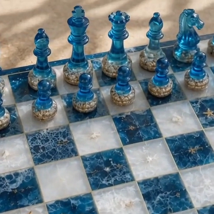 Luxury Ocean Resin Chess Set with Handcrafted Beach Wave Wood Board and Artistic Pieces