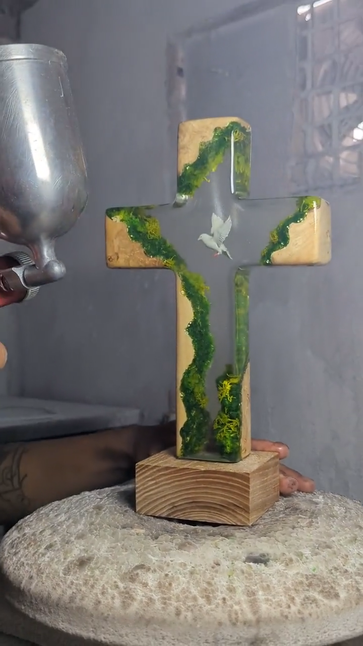 Handmade Resin Cross Lamp, Dove Moss Night Light, Wooden Base Christian Home Decor, Spiritual Lighting
