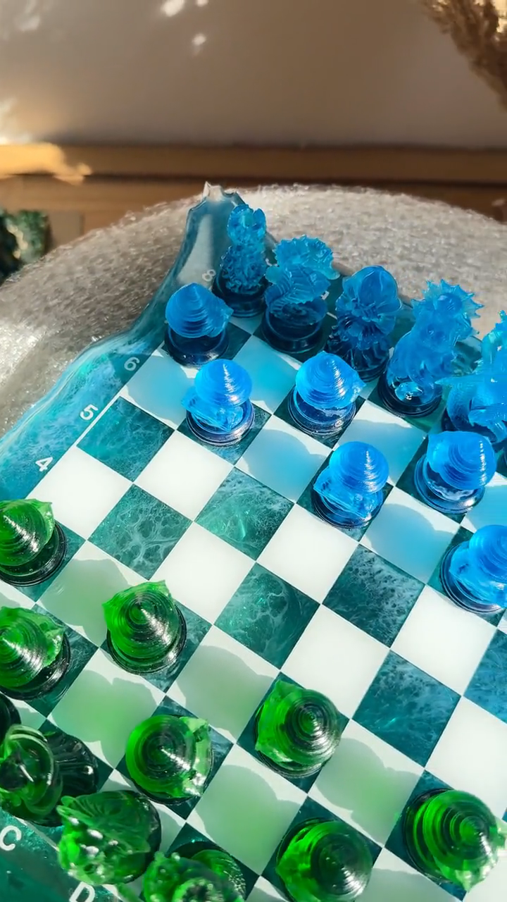 Ocean Iceberg Resin Chess Set with Mermaid Pieces Handmade Wave Board Coastal Design