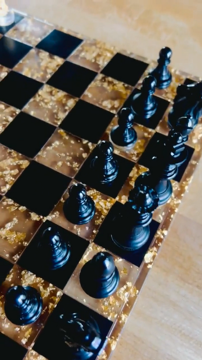 Luxury Transparent Resin Chess Set with Luminous Gold Accents Handmade Decorative Chess Board