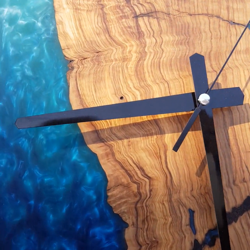 Custom Resin Olive Wood Wall Clock, Handmade Epoxy Clock for Rustic Home Decor Design