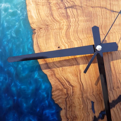 Custom Resin Olive Wood Wall Clock, Handmade Epoxy Clock for Rustic Home Decor Design