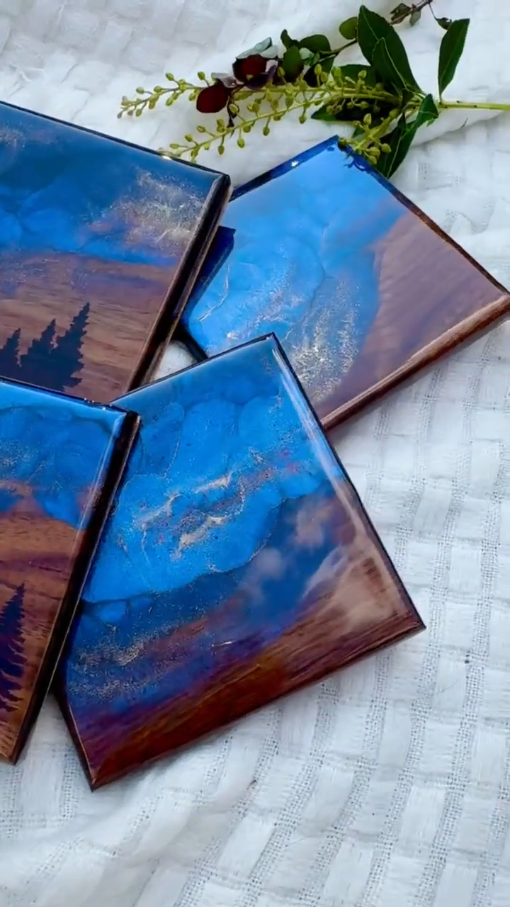 Mountain Resin Wood Coaster Set, Bear Pine Tree Design, Rustic Cabin Home Decor, Lake House