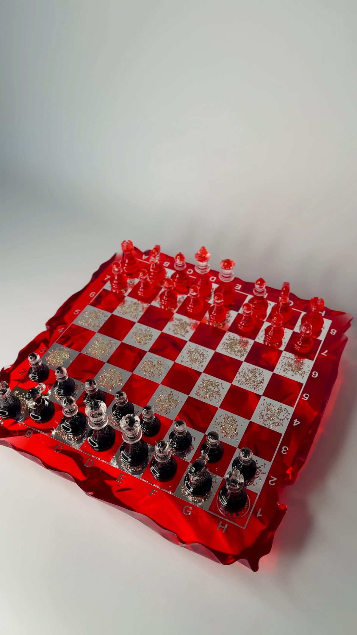 Handmade Red Iceberg Epoxy Resin Chess Set with Crystal Pieces Artistic Board Design