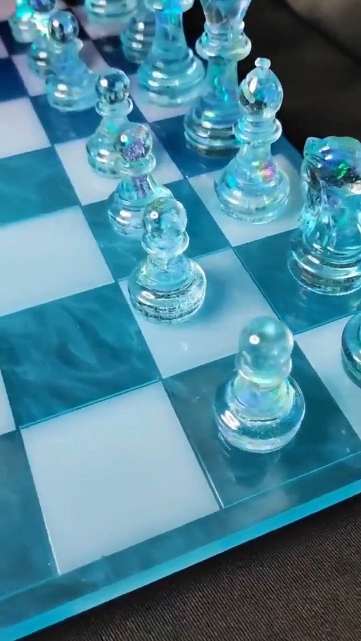 Koi Pond Wood Resin Chess Set with Turquoise and White Pieces, Handmade Artistic Board Design