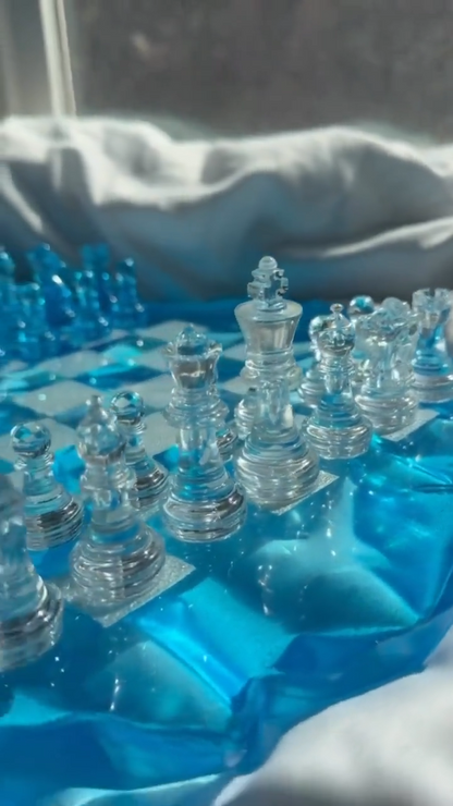 Custom Unique Resin Chess Set with Round Wavy Board and Elegant Glass Effect Pieces