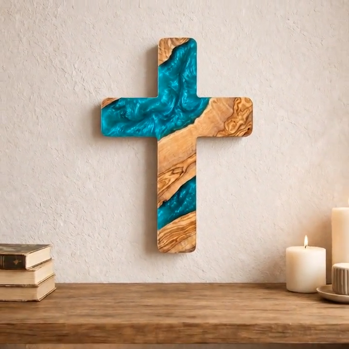 Handmade Olive Wood Resin Cross, Christian Wall Decor, Rustic Religious Home Decoration, Meaningful Faith Gift