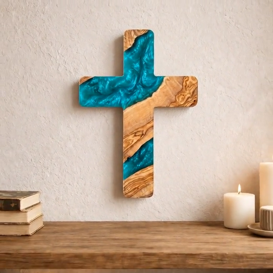 Handmade Olive Wood Resin Cross, Christian Wall Decor, Rustic Religious Home Decoration, Meaningful Faith Gift