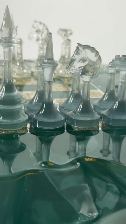Handmade Iceberg Resin Chess Set with Elegant Silver Accents and Artistic Crystal Chess Pieces