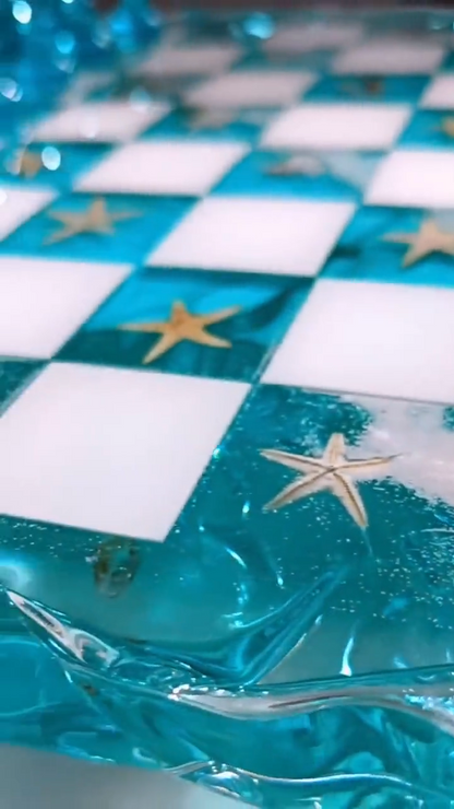 Luxury Ocean Resin Chess Set with Handcrafted Blue Epoxy Board and Natural Wood Details